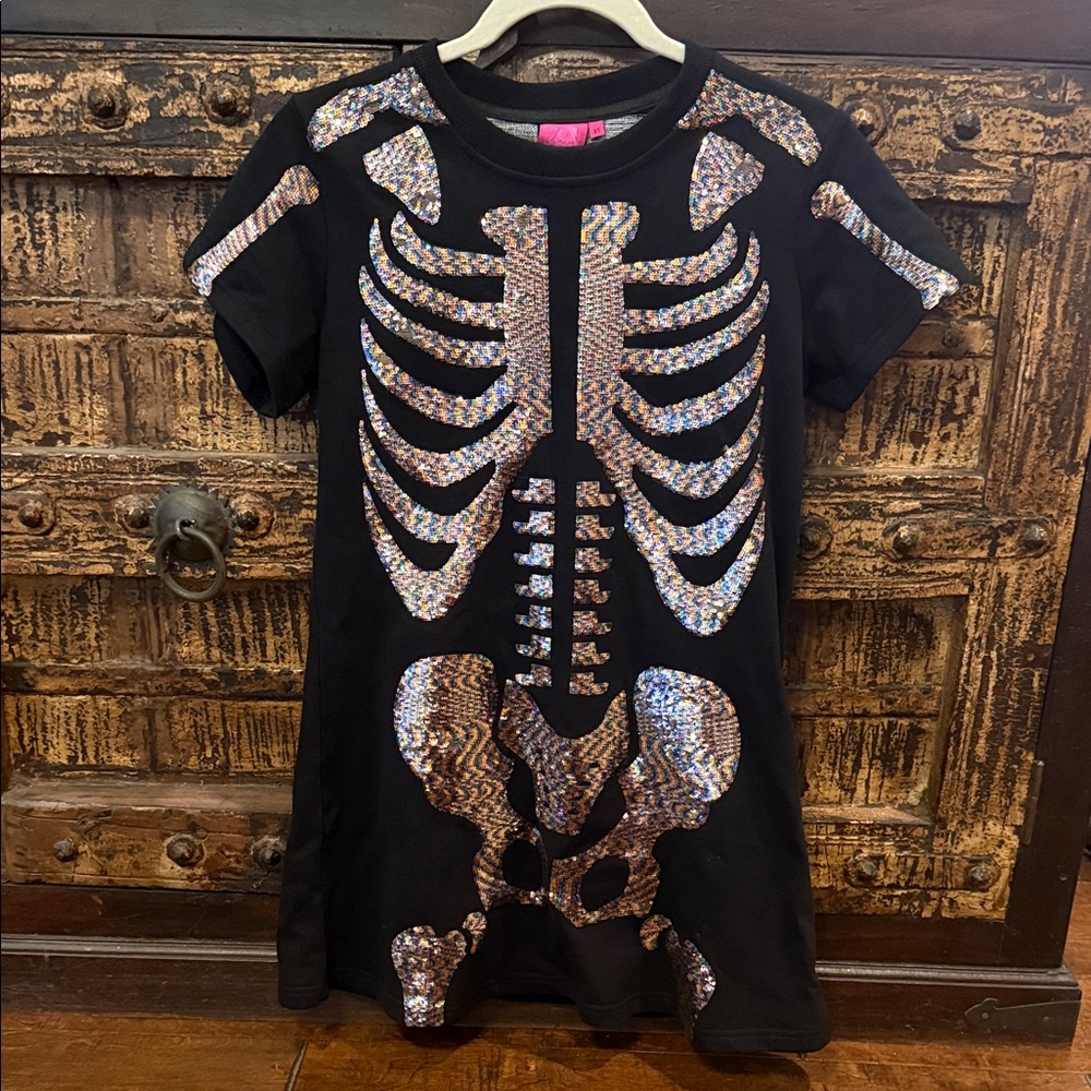 QUEEN ON SPARKLES- BLACK MULTI SKELETON DRESS-SIZE XS